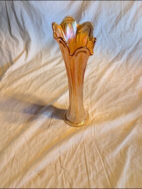 2/70$ Vintage Iridescent Amber Glass Trumpet Vase